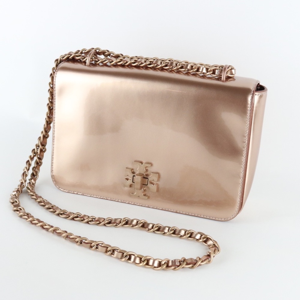 Tory Burch Metallic Patent Leather Mercer Shoulder Bag - Rose Gold